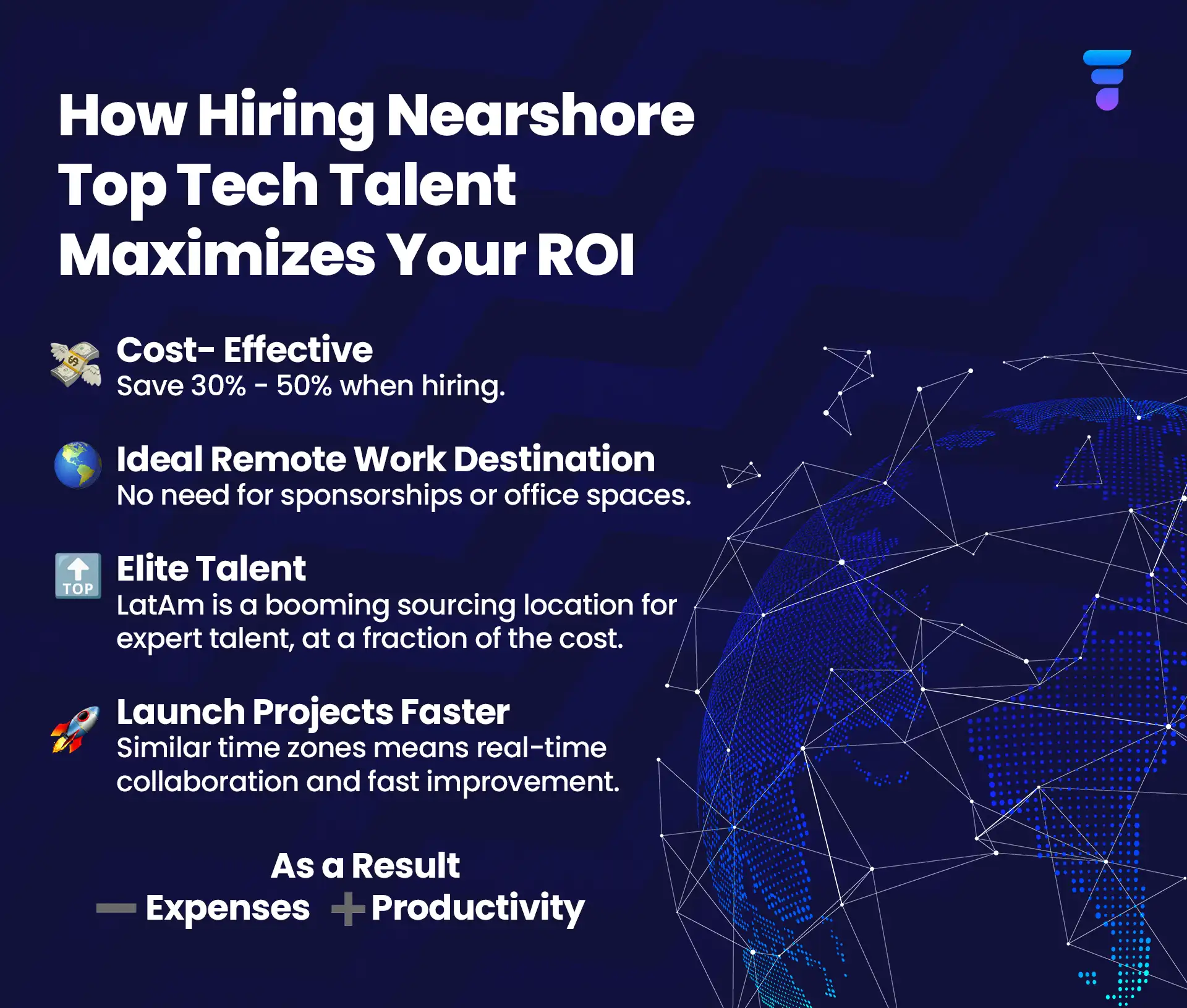 How Hiring Nearshore Top Tech Talent Maximizes your ROI?: (1) cost-effectiveness, (2) ideal remote destination, (3) elite talent, (4) launch projects faster