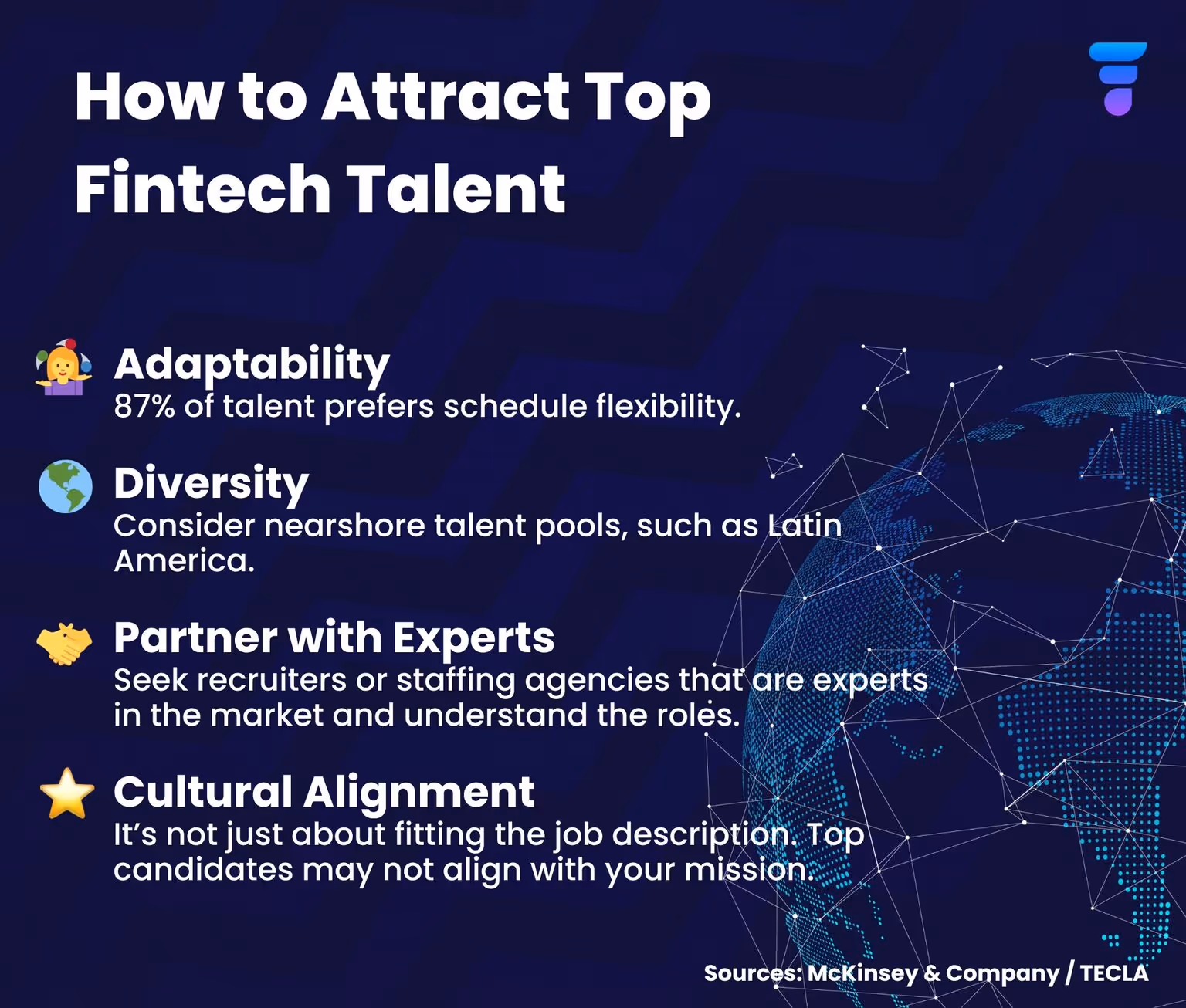 Graphic describing how to attract top fintech talent with adaptability, diversity, expert partnerships and cultural alignment