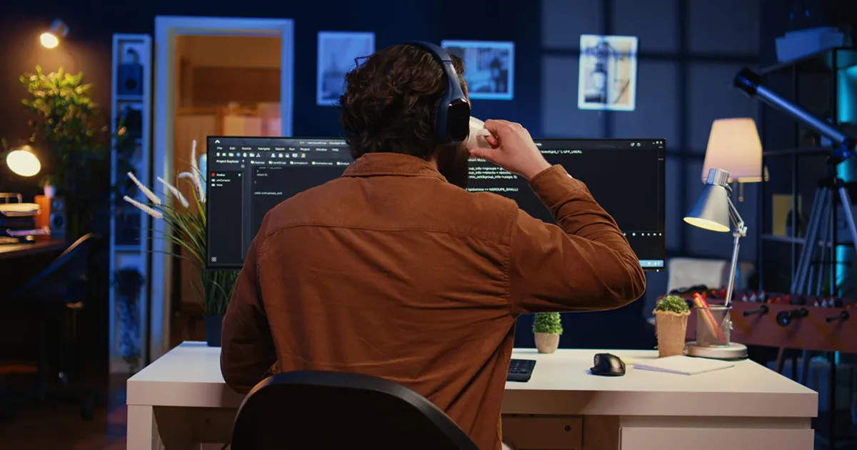 A person wearing headphones is seated at a desk in a dimly lit room, coding on a computer. The space has a cozy, focused ambiance with plants and desk lamps.