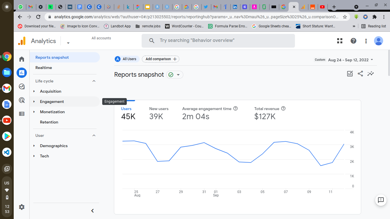 A screenshot of Google Analytics dashboard for one of my clients
