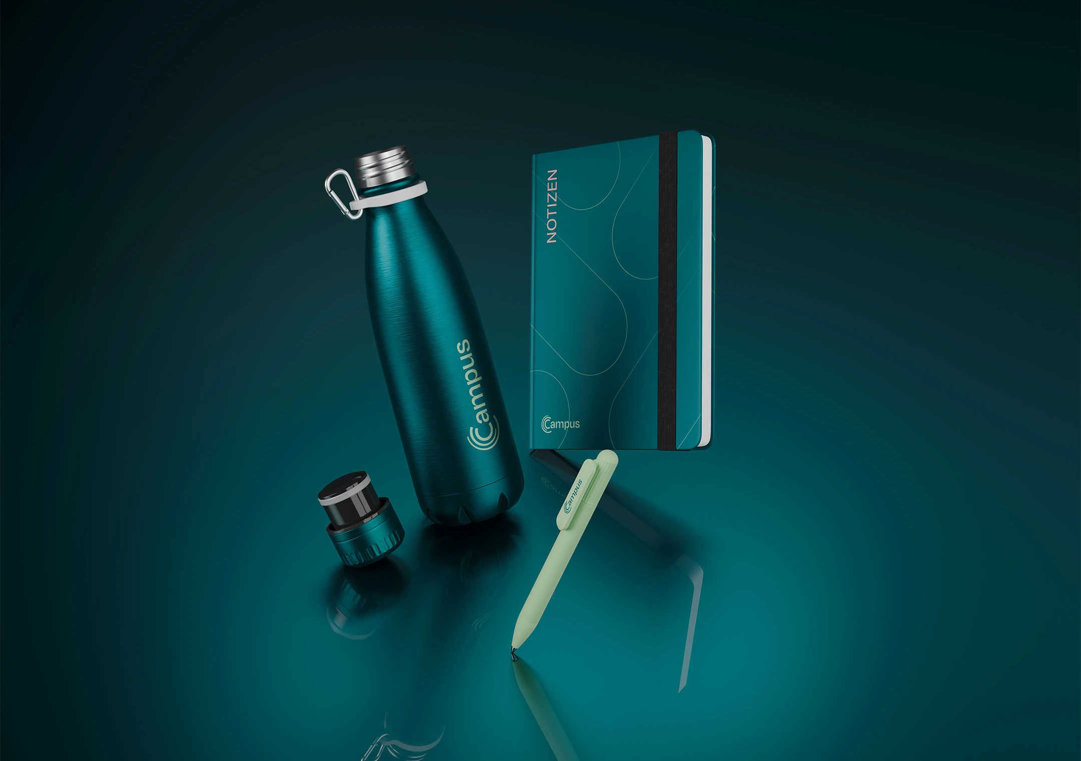 Stilvolles Seminar-Set mit gebrandeter Trinkflasche, Notizbuch und Kugelschreiber im einheitlichen Design – hochwertig, modern und perfekt für professionelle Veranstaltungen.