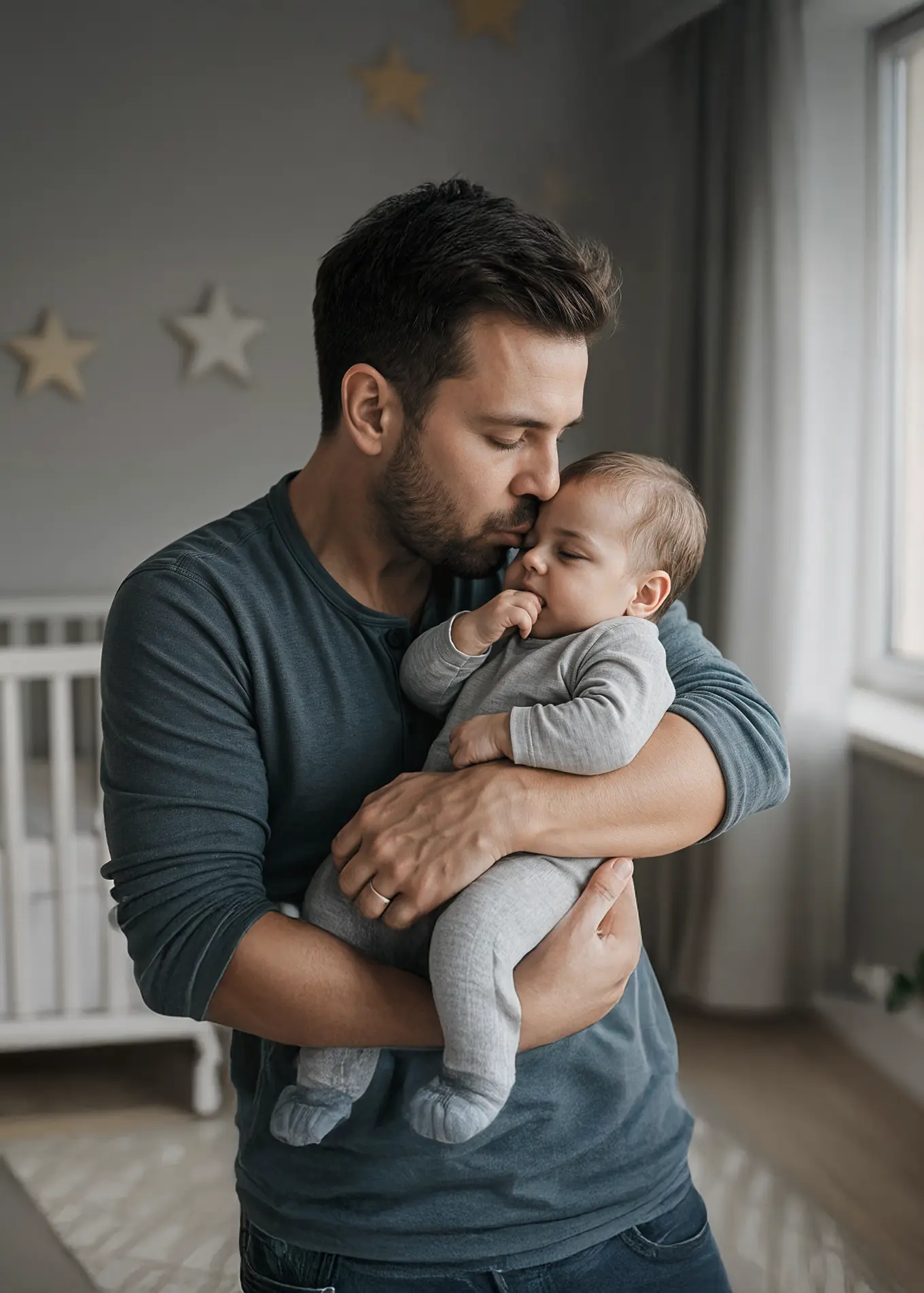 Ein Mann wiegt sein Baby sanft in seinen Armen und zeigt einen zärtlichen Moment der Vaterschaft.