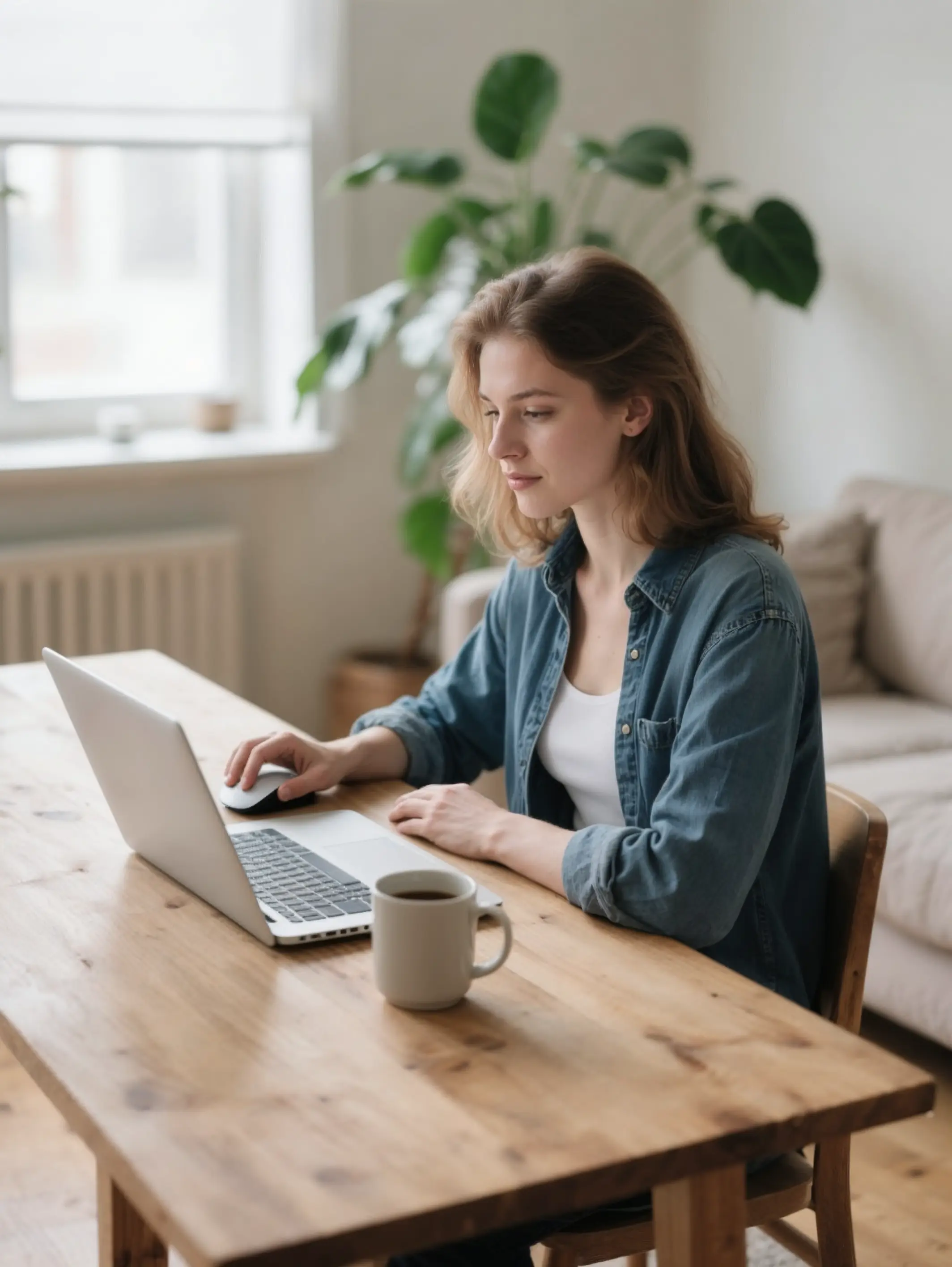 Eine Frau tippt auf seinem Laptop, während er an einem Tisch sitzt und sich auf seine Arbeit konzentriert.