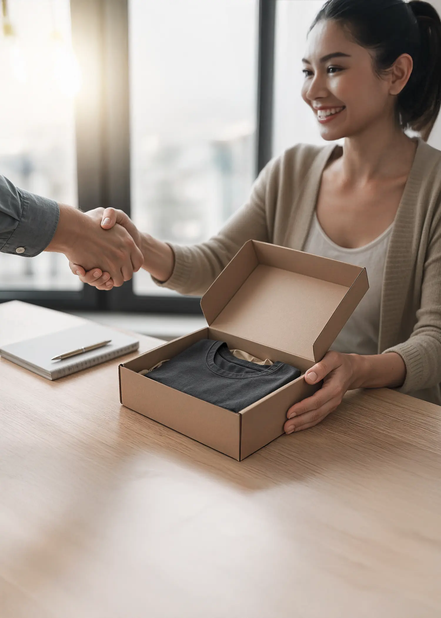 Eine Frau schüttelt einem Mann, der eine Schachtel hält, die Hand und symbolisiert damit eine berufliche oder geschäftliche Vereinbarung.