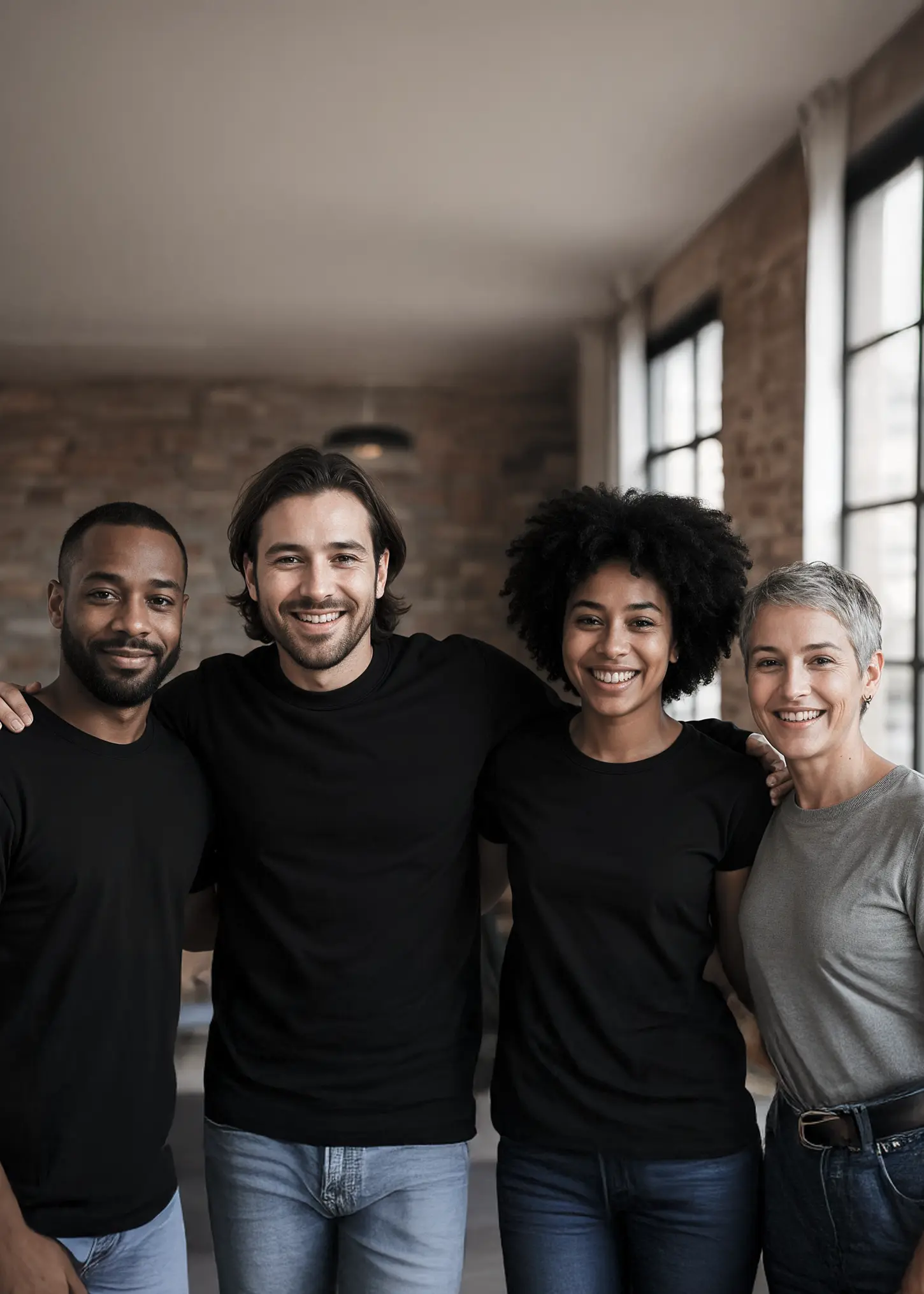 Eine Gruppe von Personen in schwarzen Hemden steht lächelnd zusammen, die Arme umeinander gelegt in die Kamera schauend