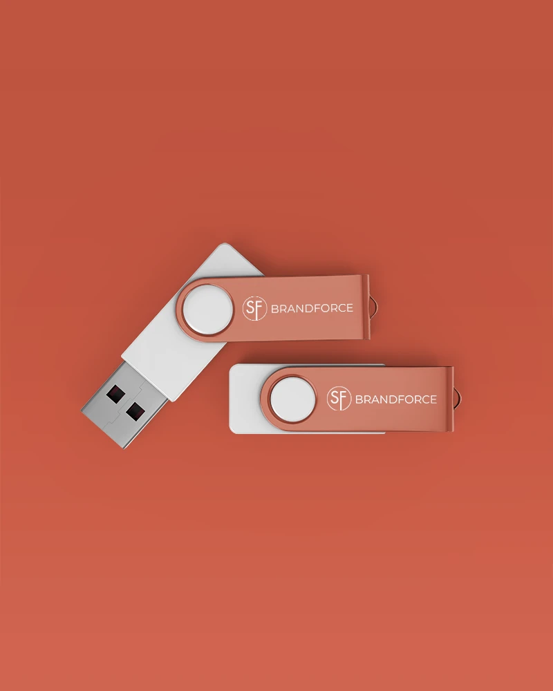 Zwei USB-Sticks von Brandforce, beide orange und weiß, übereinander angeordnet, mit dem Logo 'SF BRANDFORCE'.
