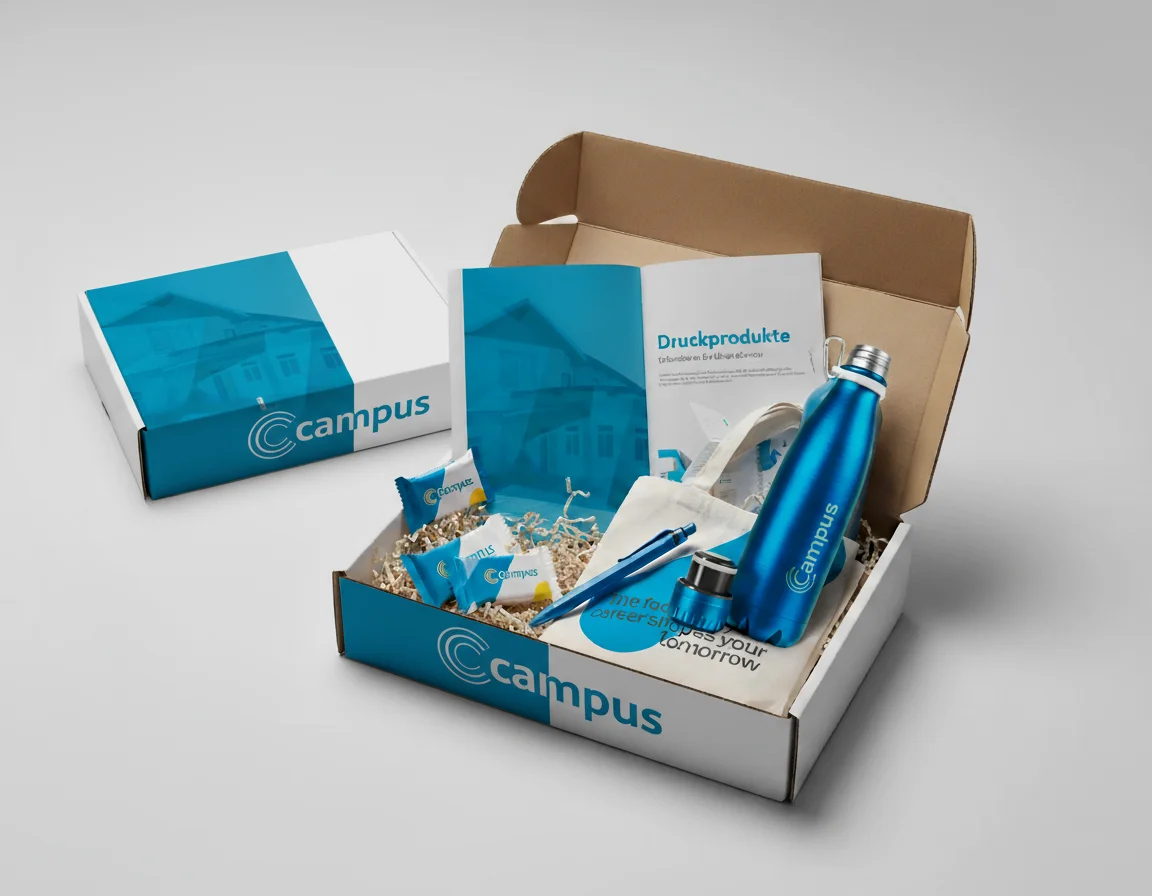 Gebrandetes Anschreiben, Fruchtgummis, Kugelschreiber, Schokolade und Flasche in gebrandeter Pappschachtel. Schachtel steht auch nochmal geschlossen daneben. Alles vor weißem Hintergrund