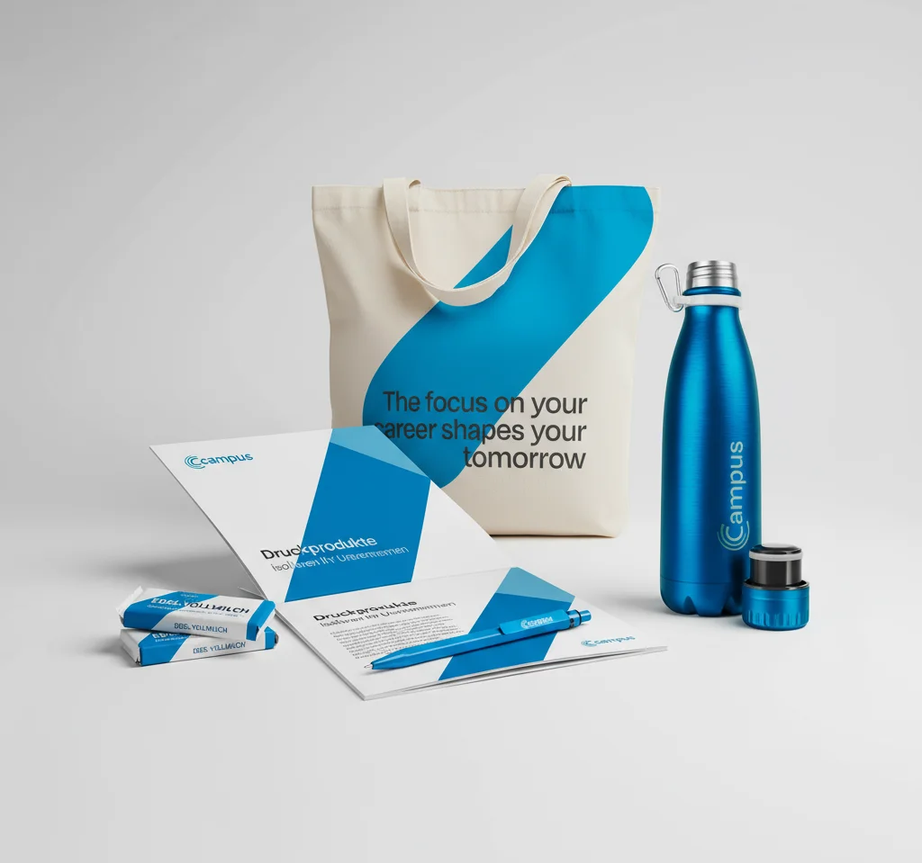 Gebrandete Tasche, Kugelschreiber, Flasche, Anschreiben und Schokolade schön angeordnet auf weißem Hintergrund