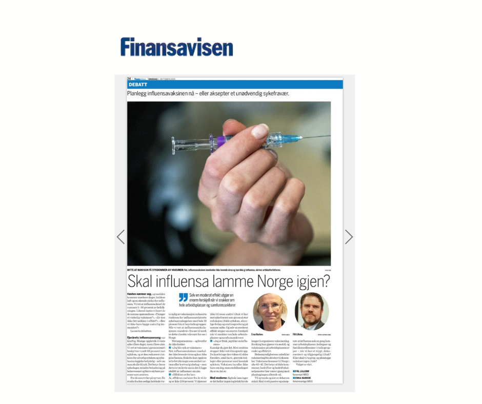 Skal influensa lamme Norge igjen? Finansavisen har nylig publisert en interessant kronikk av Pål Lillebø og Erna Harboe om årets influensasesong. Hvor stor risiko står vi overfor, og hvilken rolle spiller vaksinasjon?