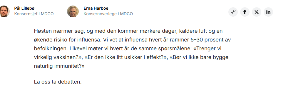 Skal influensa lamme Norge igjen? Finansavisen har nylig publisert en interessant kronikk av Pål Lillebø og Erna Harboe om årets influensasesong. Hvor stor risiko står vi overfor, og hvilken rolle spiller vaksinasjon?