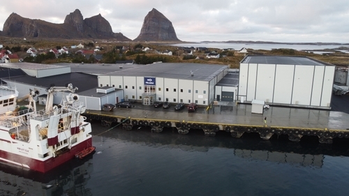 Pelagia sin fabrikk og sitt nye fryselager fra Svalinn i flotte omgivelser på Træna.