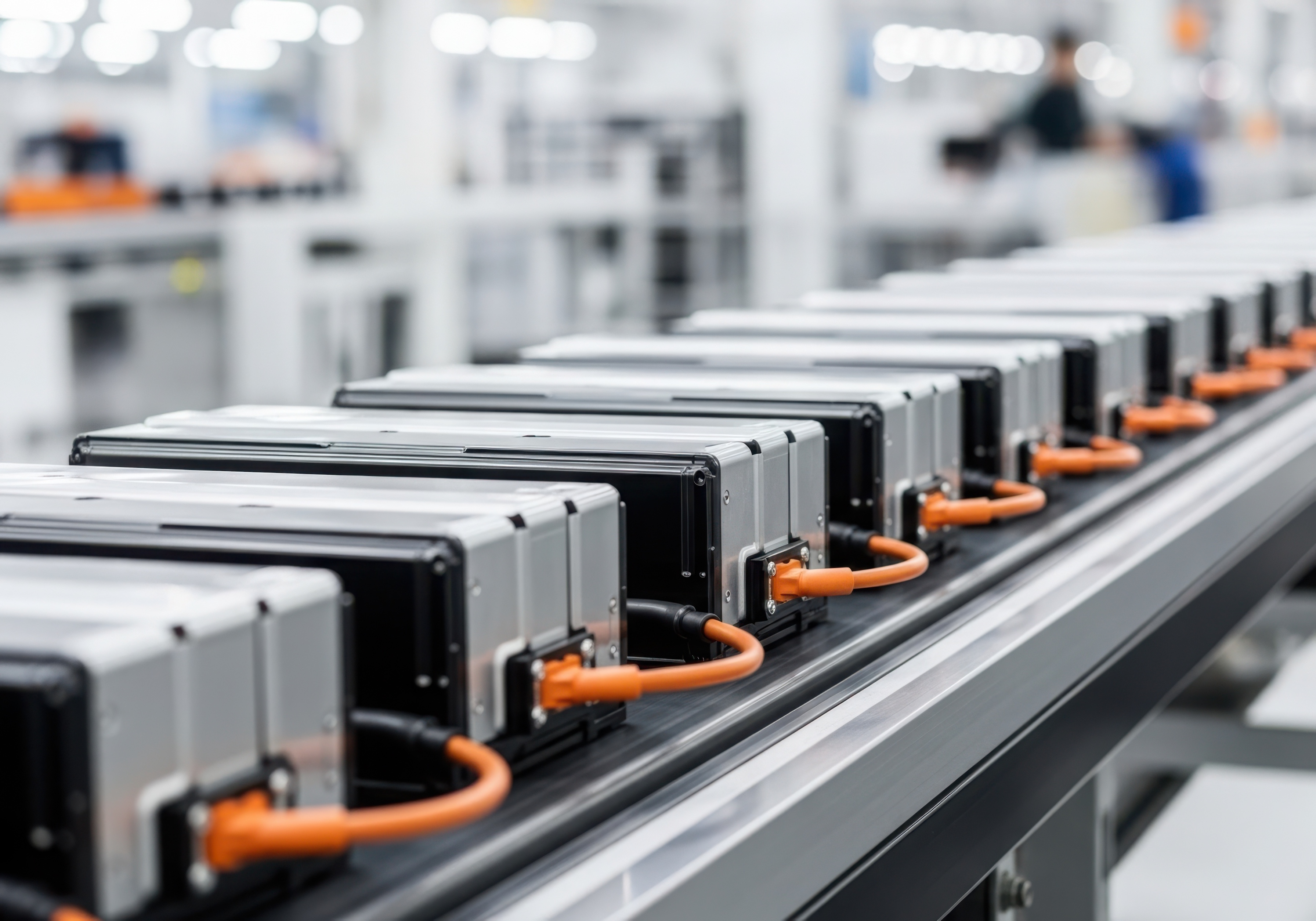Produksjonslinje i batterifabrikk som viser moderne industriproduksjon med presist inneklima