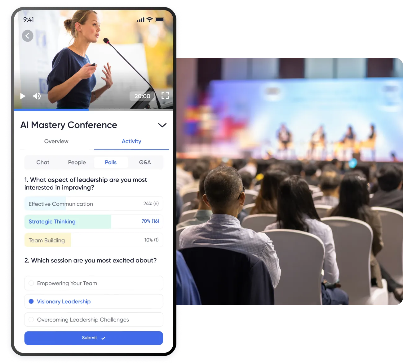 In-app live streaming and on-demand session playback inside the event app for hybrid and virtual conference content.