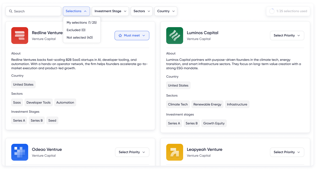 AI-powered matchmaking screen showing buyer and exhibitor profiles, match criteria, and selections like Want to Meet or Not Relevant.