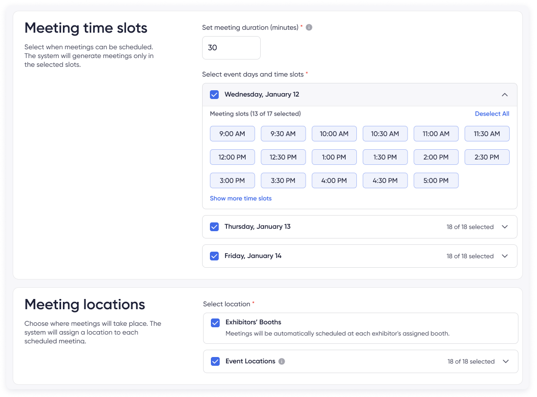 Meeting scheduling interface with time slots, meeting schedules, and appointment schedules, highlighting conflicts in real time.