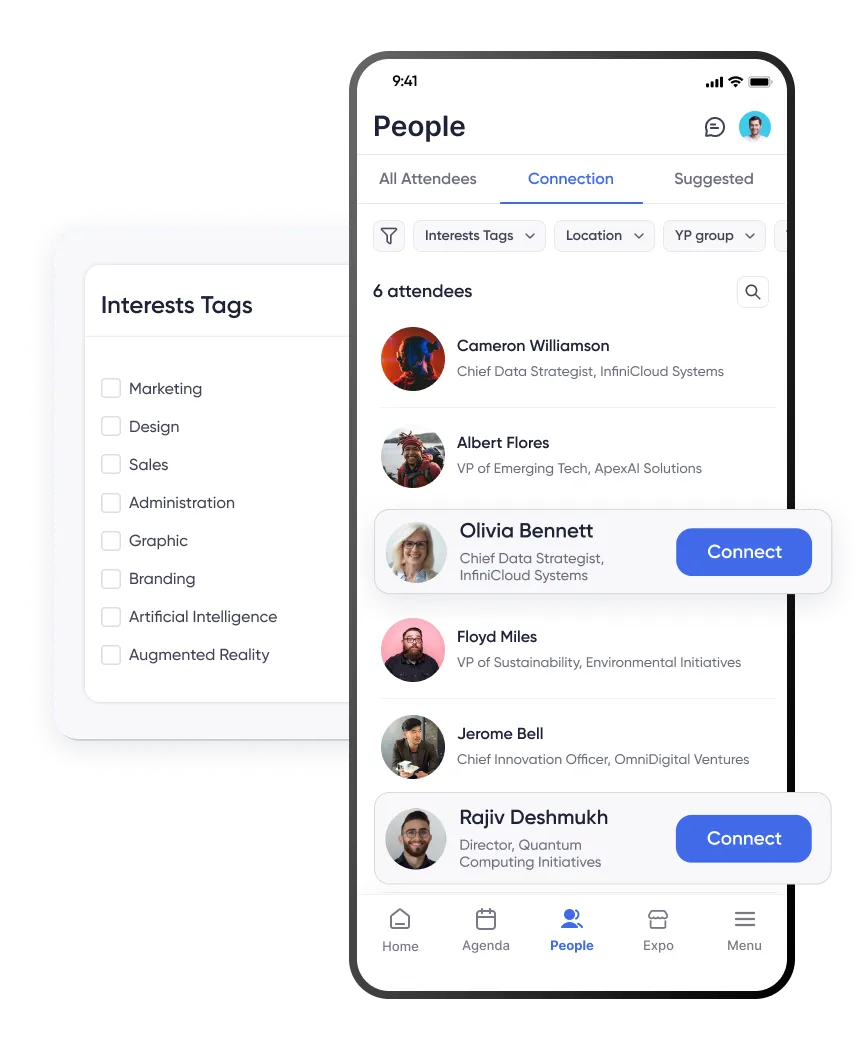 Event app matchmaking screen showing AI-powered attendee recommendations.