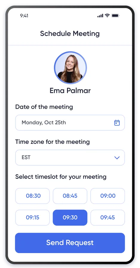 Mobile event app meeting request and scheduling interface on a smartphone.