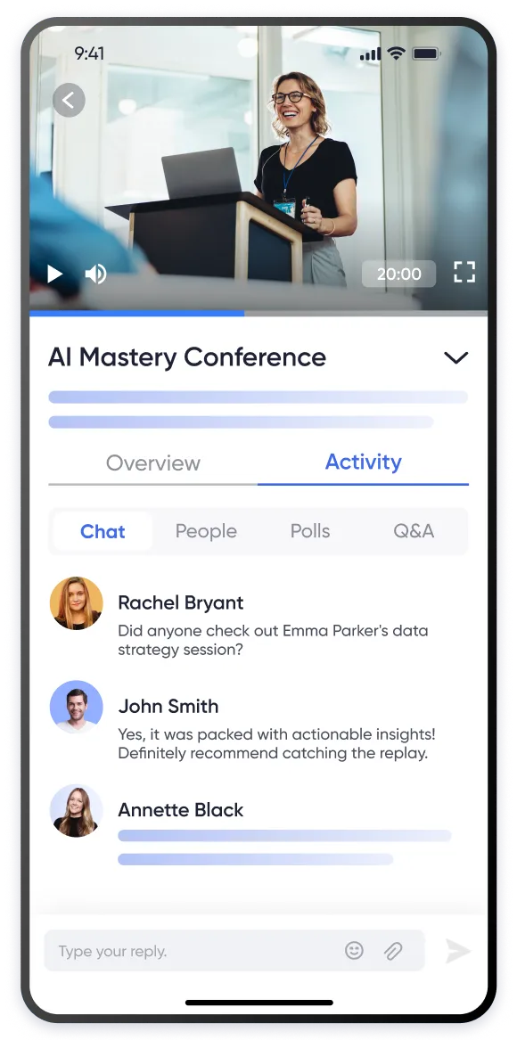 Event app chat and community feed UI used for attendee networking.