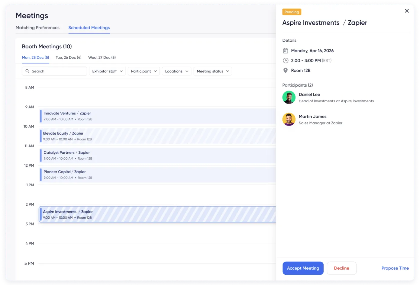 Meeting scheduling interface with time slots, meeting schedules, and appointment schedules, highlighting conflicts in real time.