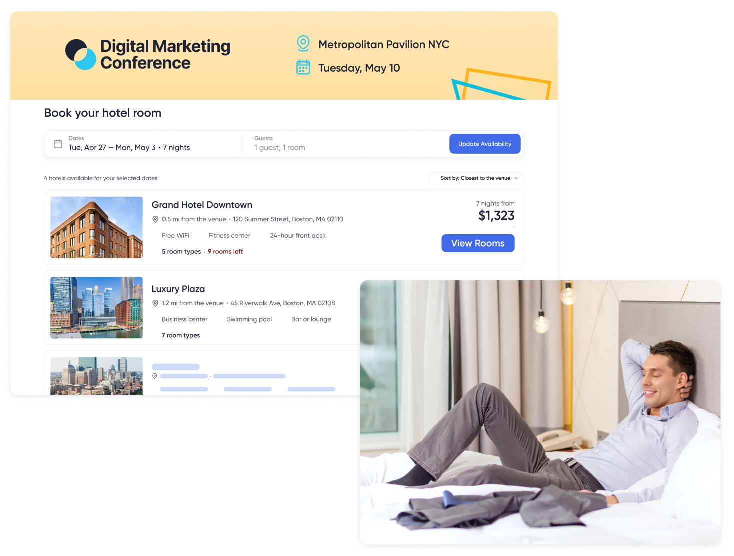 Hotel listing an attendee sees, with photos, amenities, distance from the venue, and room types.