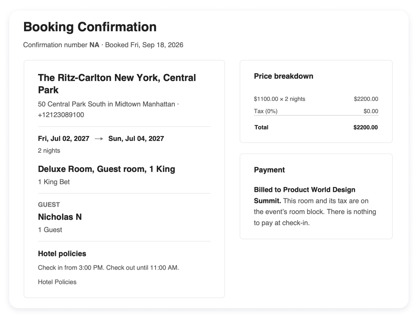 Reservation record showing the attendee, hotel, room type, stay dates, total, ticket type, and order ID.