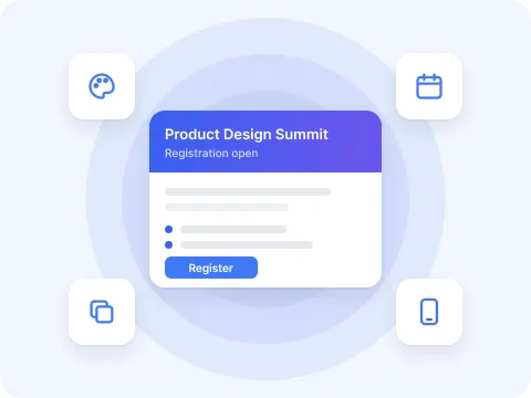 Branded event registration page with agenda items, surrounded by branding, agenda, recurring-event template, and mobile app icons