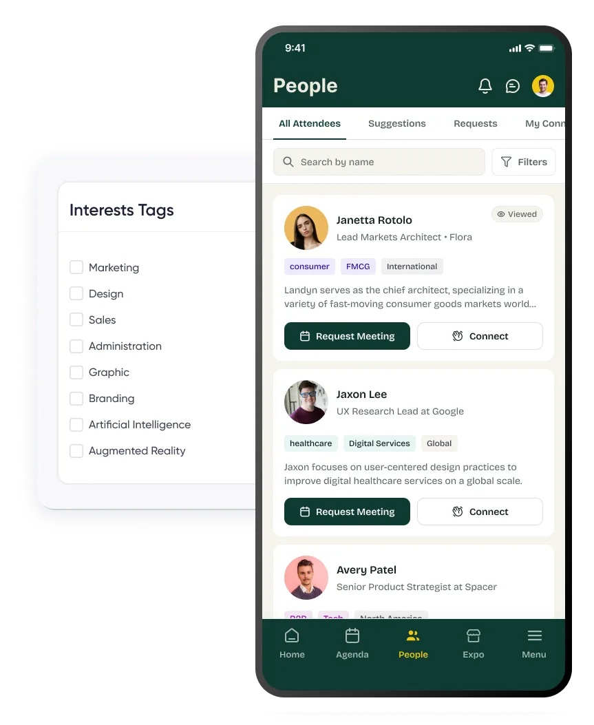 Event app matchmaking screen showing AI-powered attendee recommendations.