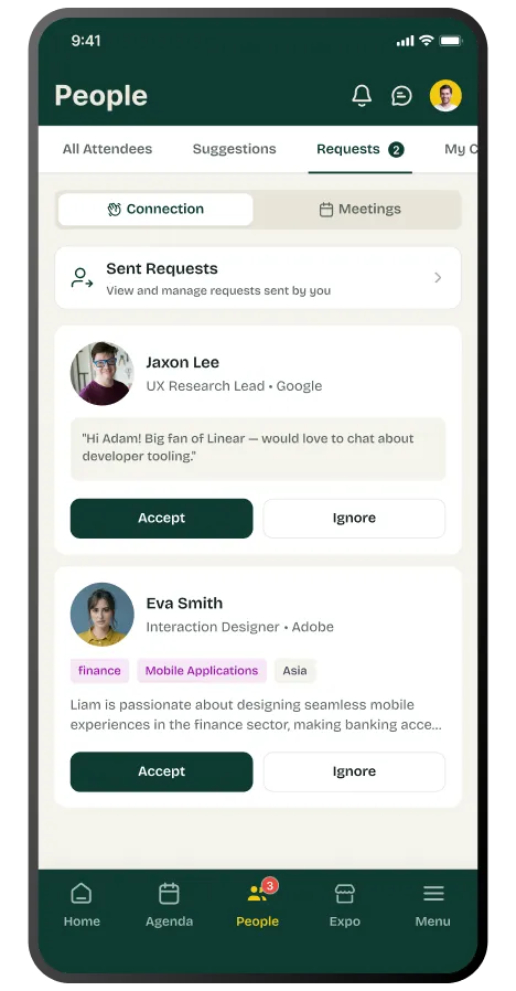 Mobile event app meeting request and scheduling interface on a smartphone.