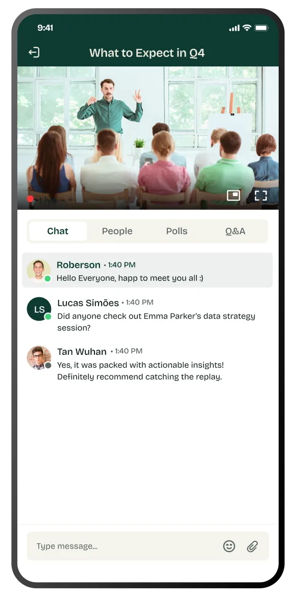 Event app chat and community feed UI used for attendee networking.