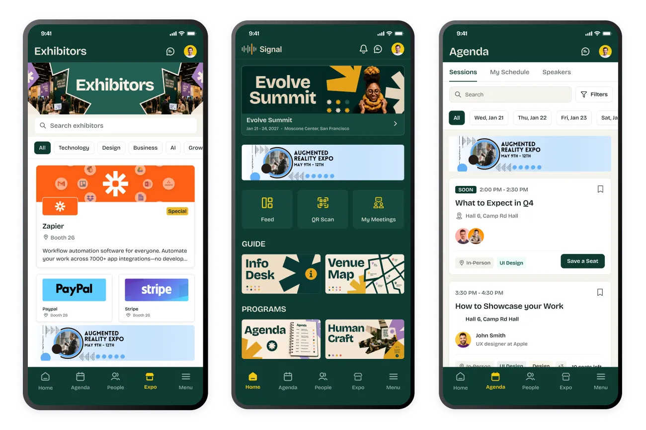 Sponsor placements in the event app, including lobby banners, sponsor tabs, and targeted in-app visibility options.