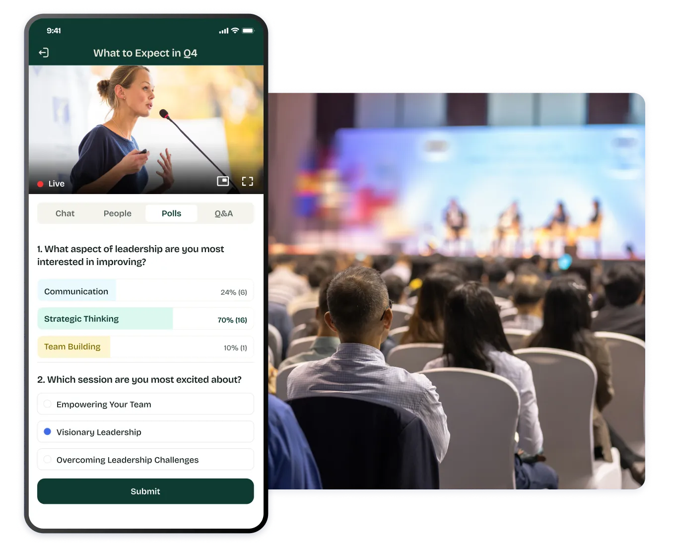 In-app live streaming and on-demand session playback inside the event app for hybrid and virtual conference content.