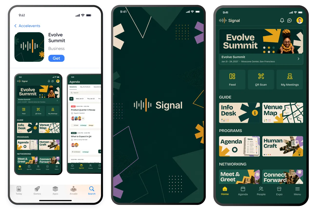 Branded attendee event app with customizable name, logo, and visual theme shown on a mobile device.