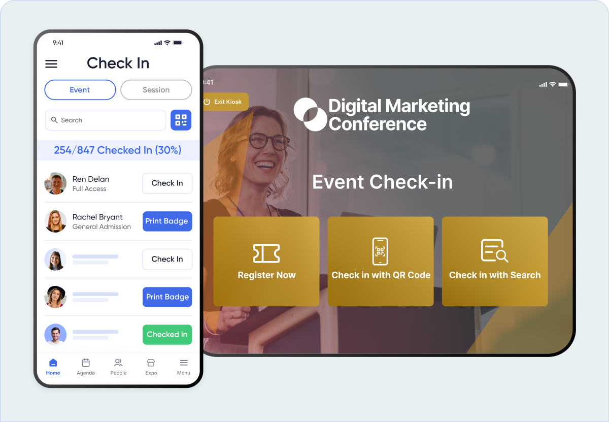 mobile check-in and kiosk check-in connected to badge printing