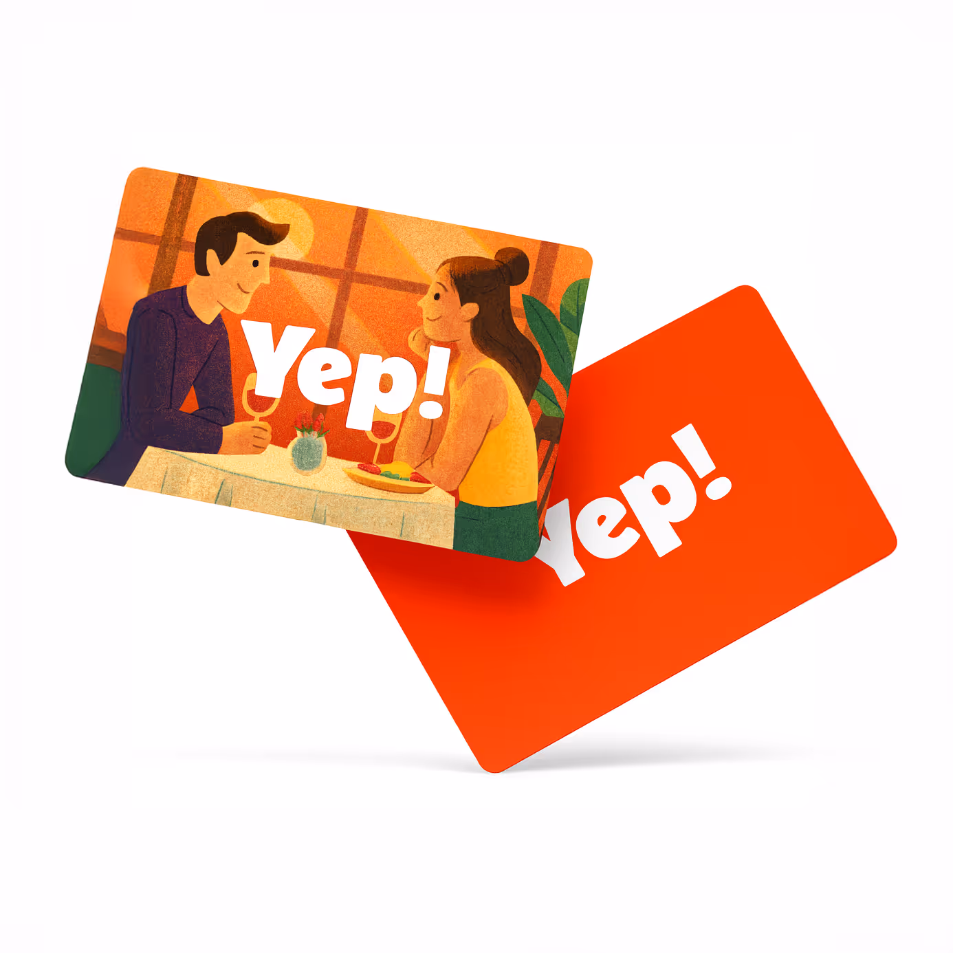 Två presentkort med ordet Yep!, ett med illustration av ett par som sitter vid ett bord och pratar.
