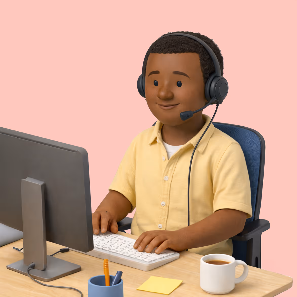 Animerad tonåring som använder ett headset och skriver på ett tangentbord framför en datorskärm, med kaffekopp och pennor på skrivbordet.