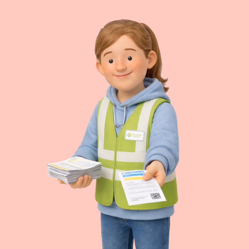 En animerad tonåring i en grön reflexväst och blå tröja som räcker ut informationsblad.