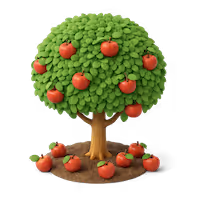 An apple tree with green leaves and red apples both on the tree and on the ground around the trunk.