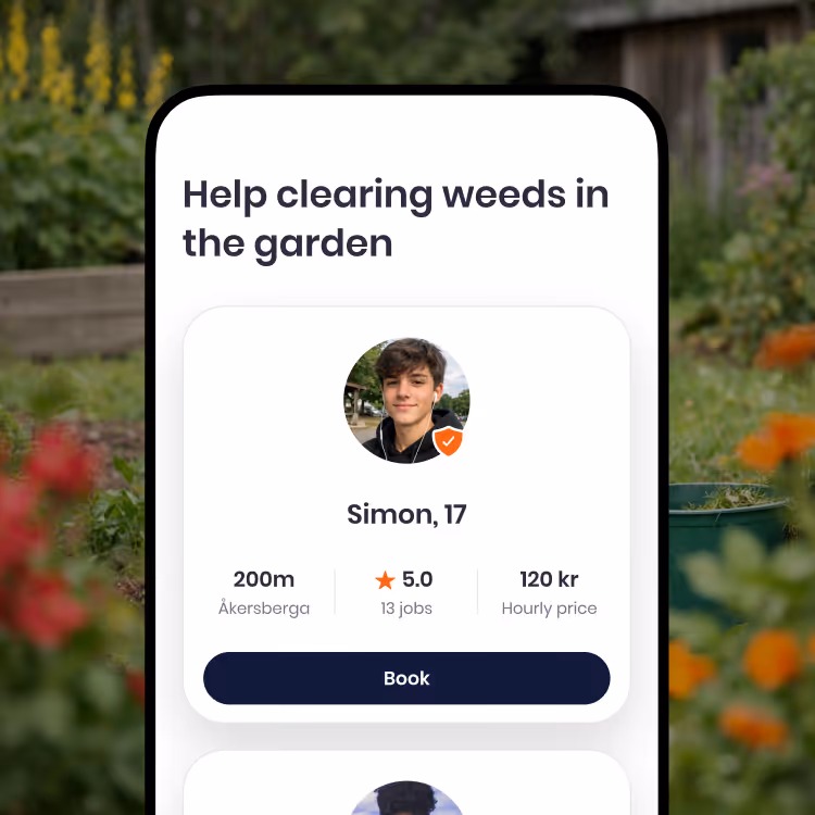 Skärmbild av Yepstr-appen som erbjuder hjälp med att rensa ogräs i trädgården från Simon, 17 år, med 5 i betyg och 120 kr per timme.