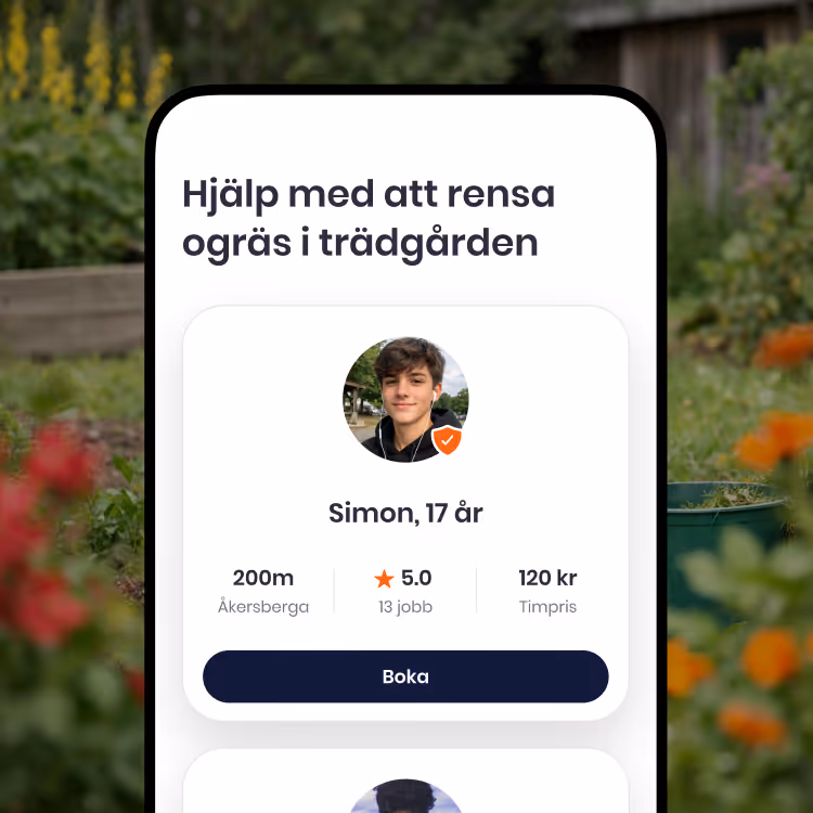Skärmbild av Yepstr-appen som erbjuder hjälp med att rensa ogräs i trädgården från Simon, 17 år, med 5 i betyg och 120 kr per timme.