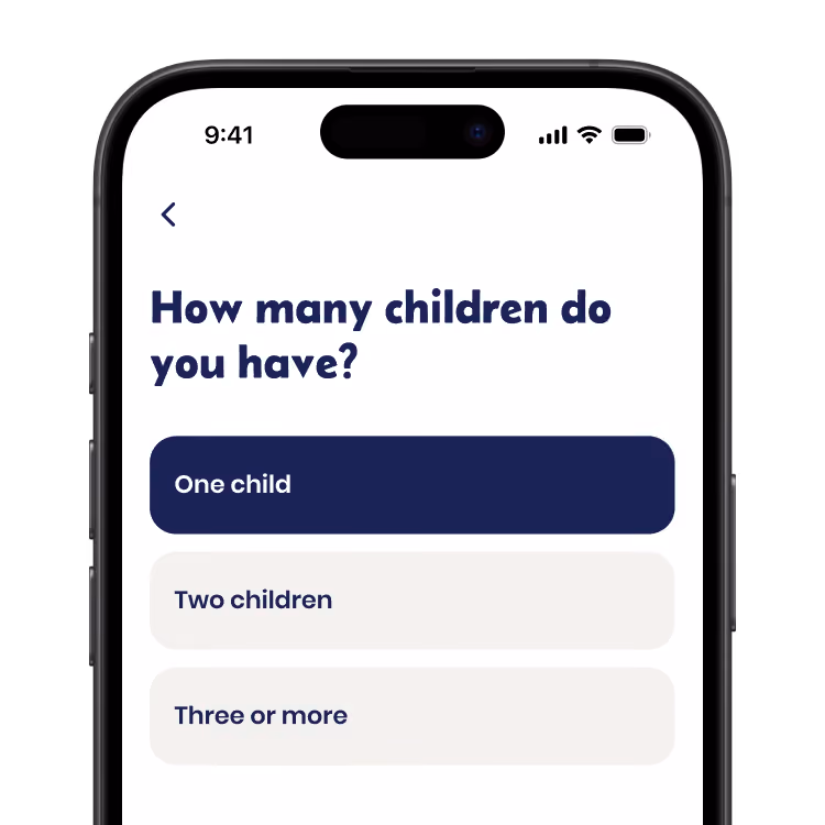Screenshot of the Yepstr app showcasing a question for how many children you have.