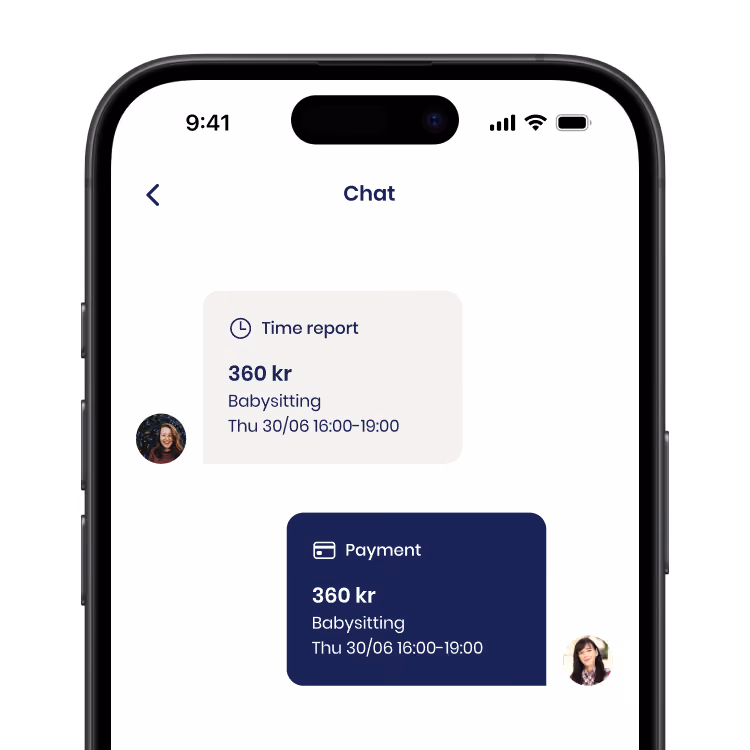 Screenshot of the Yepstr app showing the chat with a time report and payment for a babysitting job.