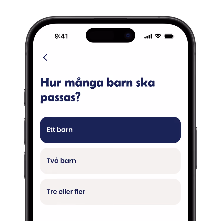 Skärmavbild på Yepstr appen som visar fråga 'Hur många barn ska passas?' med alternativen: ett, två eller tre barn.