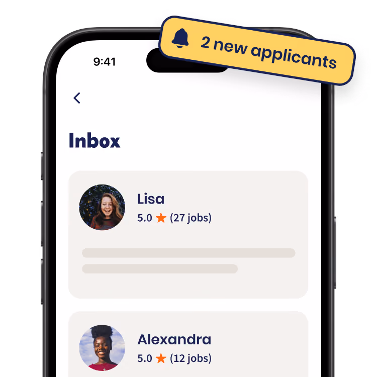 Screenshot of the Yepstr app showing an inbox with two applicants for a babysitting job.
