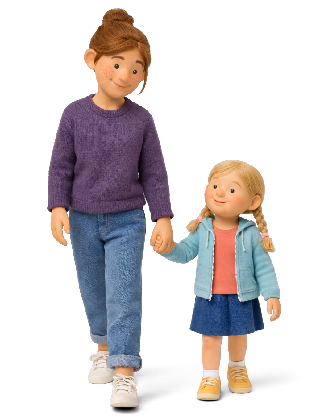 A babysitter in a purple sweater holds hands with a child in a blue skirt and turquoise jacket.