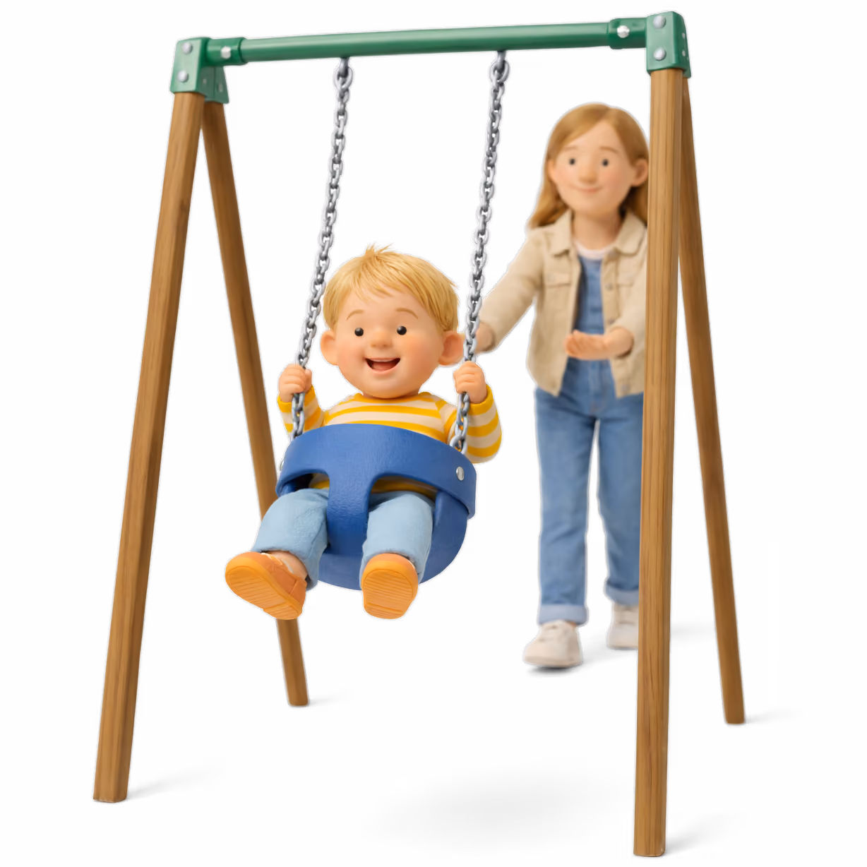 Child rocking in a blue baby swing while a babysitter pushes.