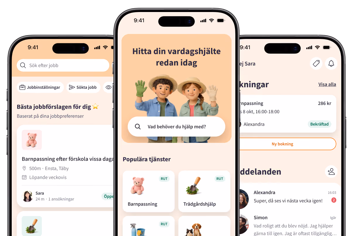 Skärmar från Yepstr appen med tjänster som barnpassning, trädgårdshjälp och bokningar.