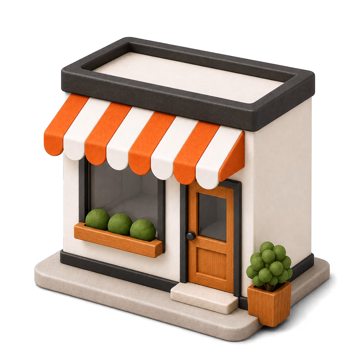 En liten butik med en vit och orange randig markis, trädörr med glasfönster och en blomkruka vid entrén.