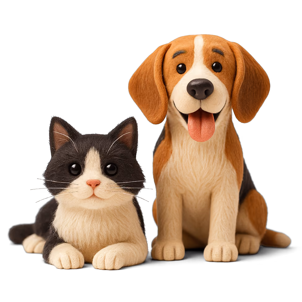 En svartvit katt som ligger ner bredvid en sittande brun, svart och vit hund med tungan ute.