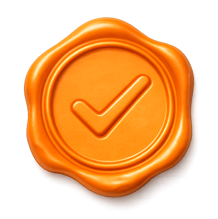 Orange vaxstämpel med en inbuktad bockmarkering i mitten, som symboliserar bekräftelse eller verifiering.