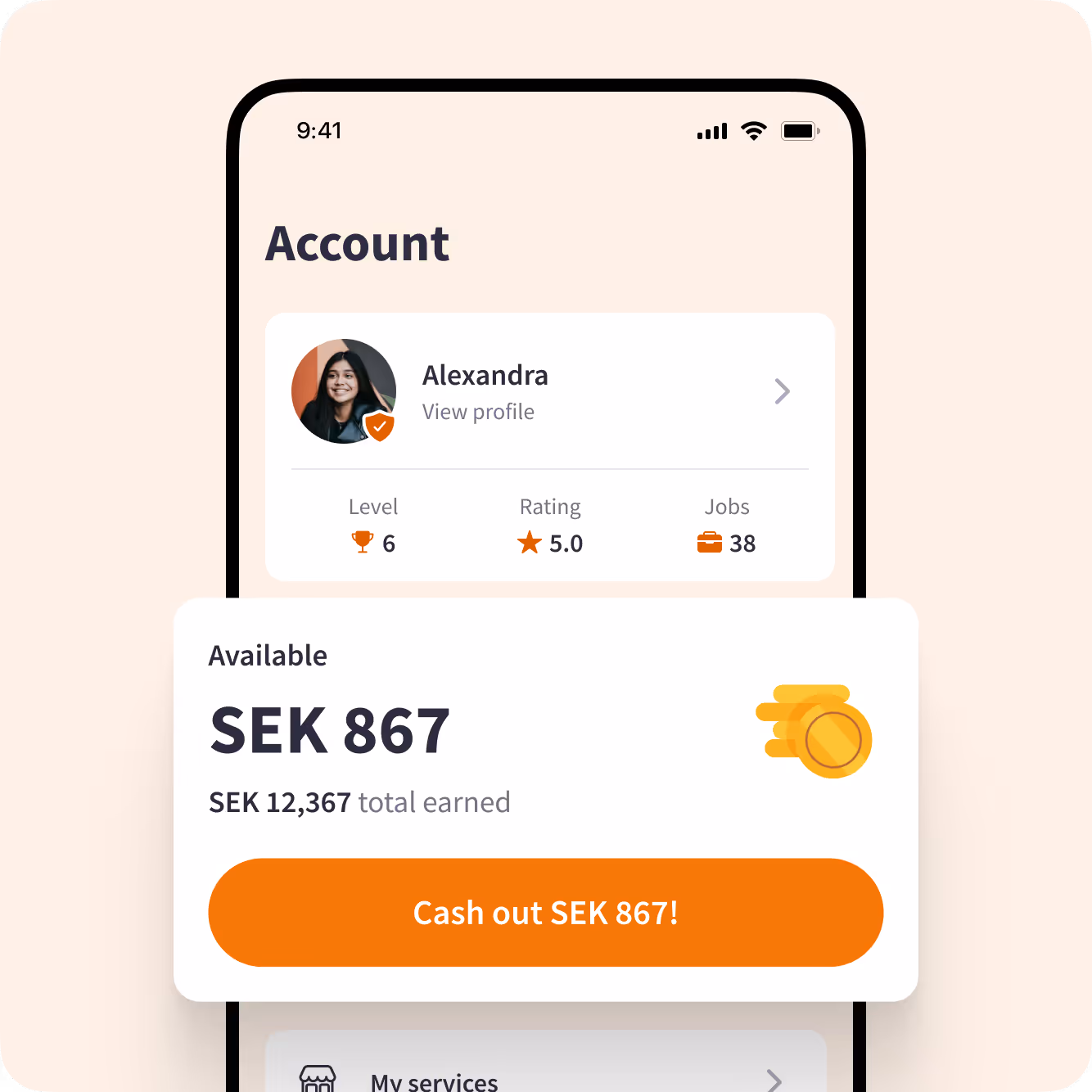 Screen from the Yepstr app showing a users account with available earnings, total earnings, and a button to cash out available earnings.